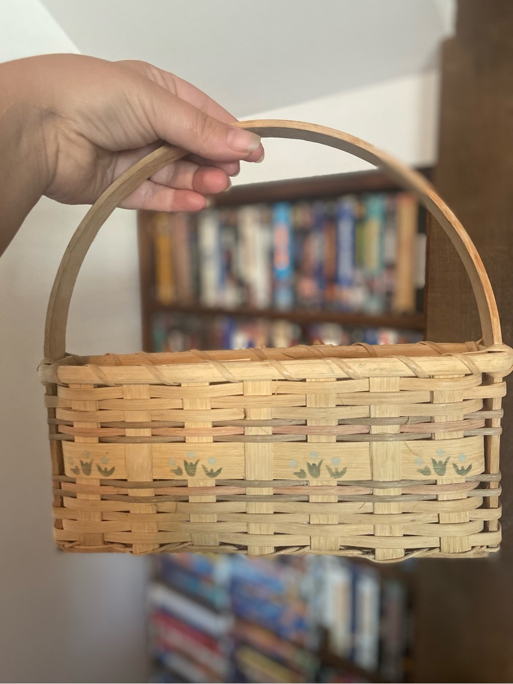 Cottagecore sturdy hanging mail or keys basket Wooden woven floral design